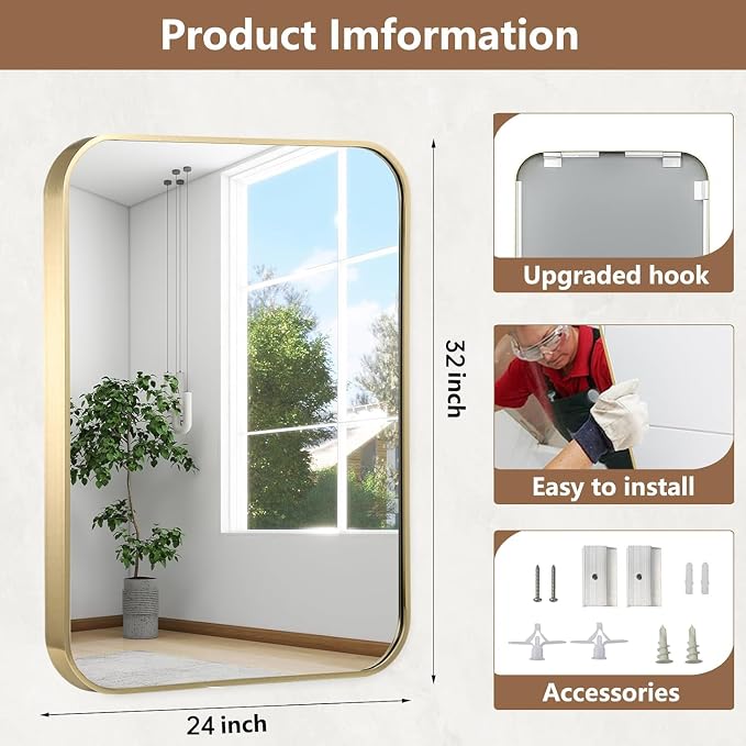 24x32 Inch Gold Bathroom Mirror, Brushed Brass Gold Metal Framed Rectangular Mirror with Rounded Corner, Bathroom Vanity Mirror for Bedroom or Living Room, Horizontal/Vertical