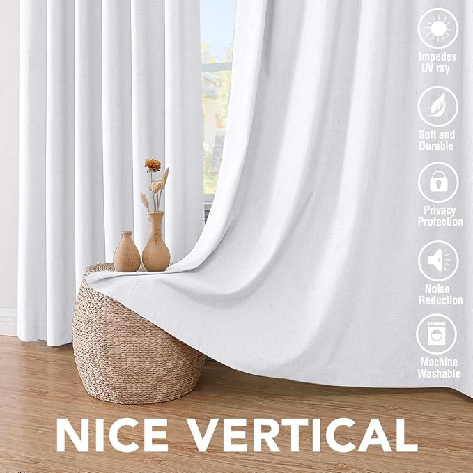 H.VERSAILTEX Linen Look 100% Blackout Curtains 45 Inches Long for Bedroom Full Light Blocking Rod Pocket Linen Textured Thick Window Curtain Drapes with White Backing, Pure White, 2 Panels