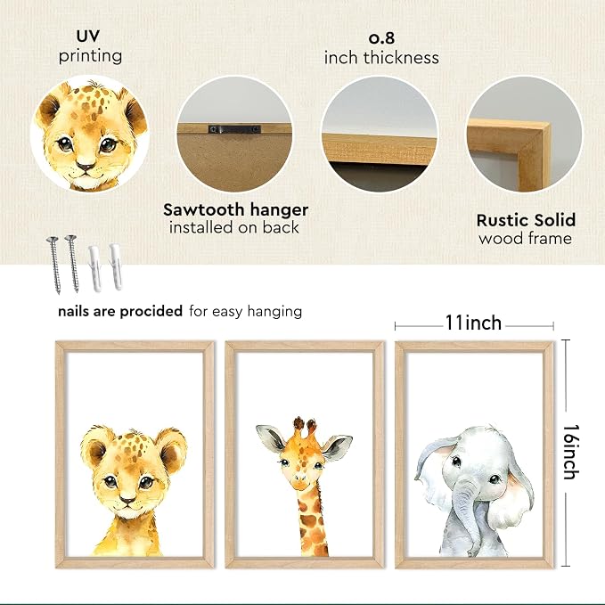 Nursery Decor Safari Baby Animal Giraffe Elephant Lion 3Pc 11x16 Wood Frame | Cute Prints Sign Wall Art for Children's Room
