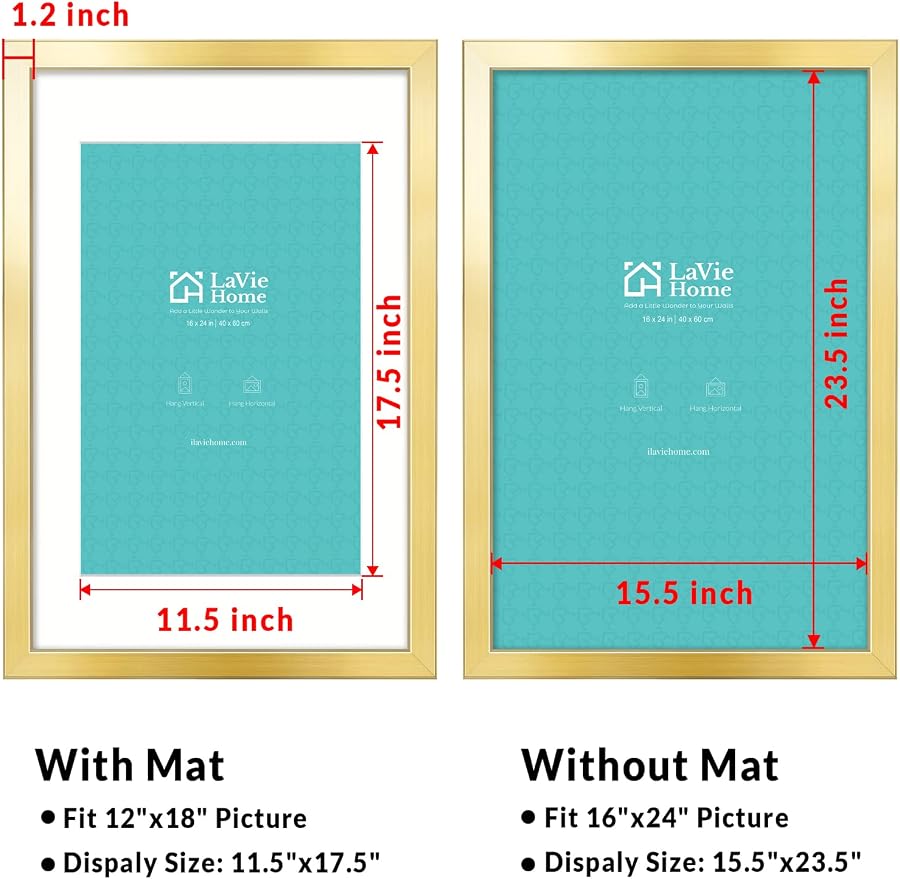 LaVie Home 16x24 Picture Frame Gold Poster Frame,Display Pictures 12x18 with Mat or 16x24 Without Mat, Stable and Sturdy Frame and Polished Plexiglass, Horizontal and Vertical Format of The Walls