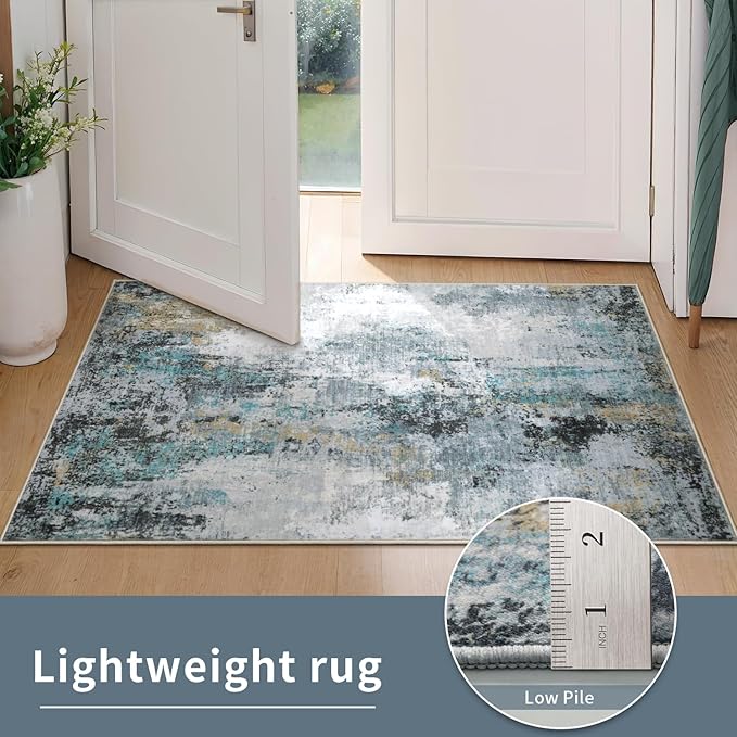 Ciicool Modern Abstract Teal Gold Rug for Living Room, 6'x9' Machine Washable Soft Area Rug Non-Slip Rug, Low-Pile Contemporary Indoor Dining Floor Carpet for Bedroom Office Under Table Home Decor