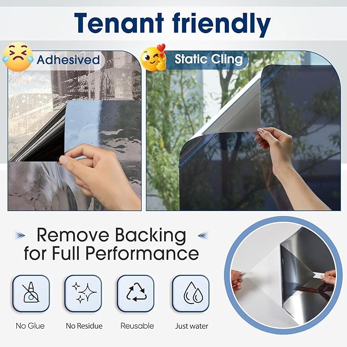 Coavas One Way Privacy Window Film, Heat Control Window Tint for Home, Sun Blocking Reflective Window Film See Out Not in, Anti UV Static Cling for Windows Office Door (Black, 17.5 x 78.7 inches)