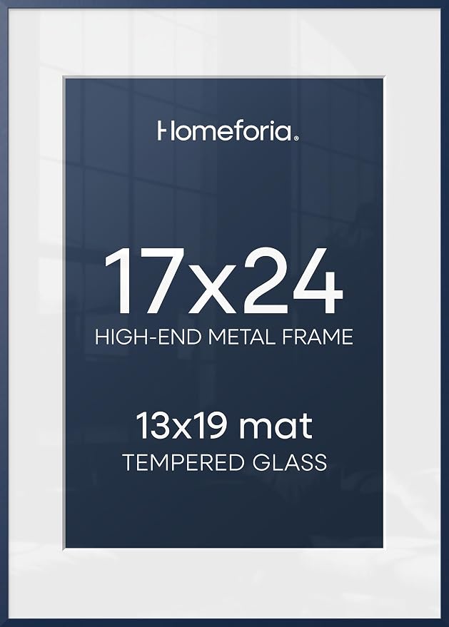 Homeforia 17x24 Picture Frame Navy Blue, High End Metal 17x24 Poster Frames with Mat 13x19 Photo, 17 x 24 Navy Blue Frame Matted to 13 by 19 Print, 24x17 Thin Frame, Tempered Glass, Wall Kit, Set of 2