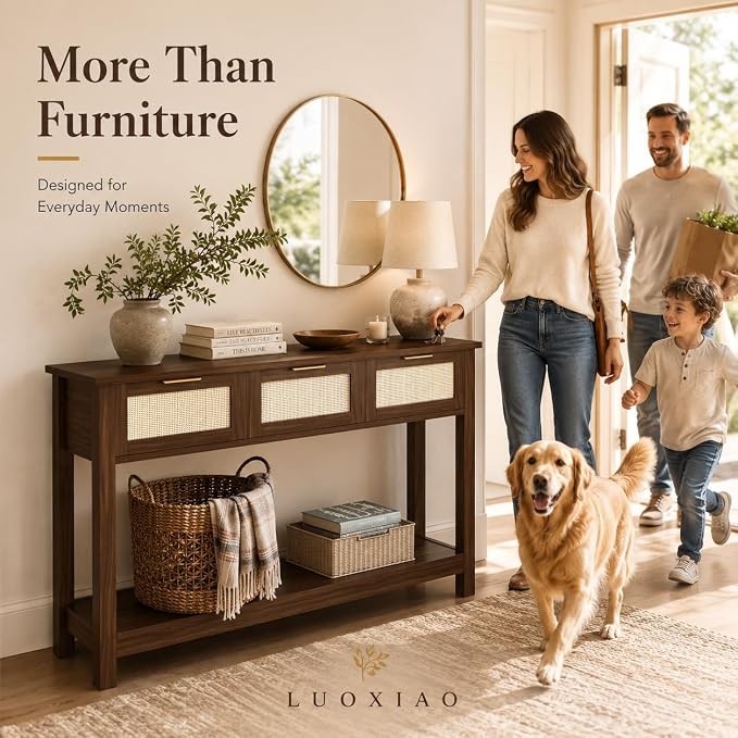 Luoxiao Console Table for Entryway with 3 Rattan Drawers Storage Open Shelf | Narrow Entry Table for Hallway, Foyer, Couch, Front Entrance, Anti-Tip, Easy to Assemble, 47 Inch, Walnut, Mid-Century Modern