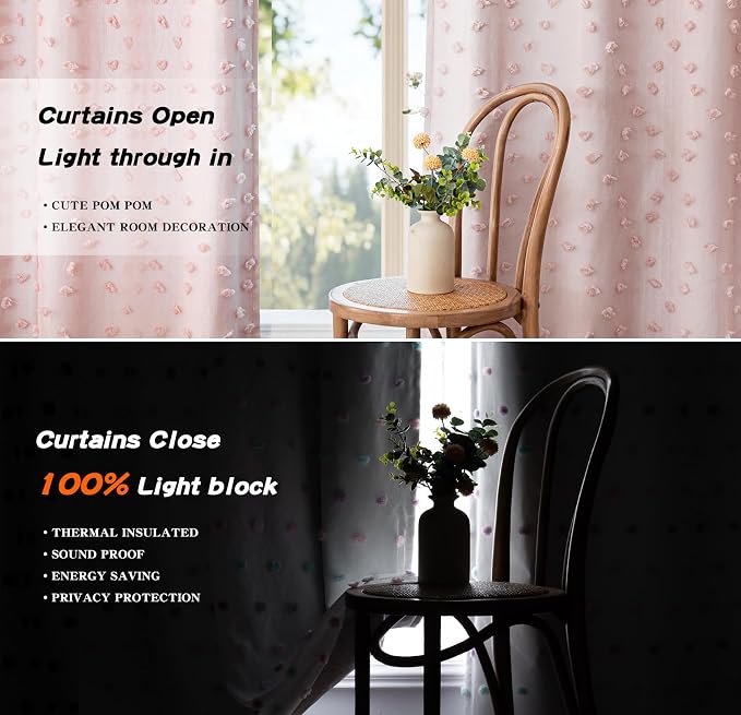 MYSKY HOME 100% Blackout Curtains for Girls Bedroom 90 Inch Long Total Room Darkening Curtain for Living Room 2 Panels Grommet Light Blocking Sliding Door Drapes Blush Pink Pom Pom Sheer 52" x 90"