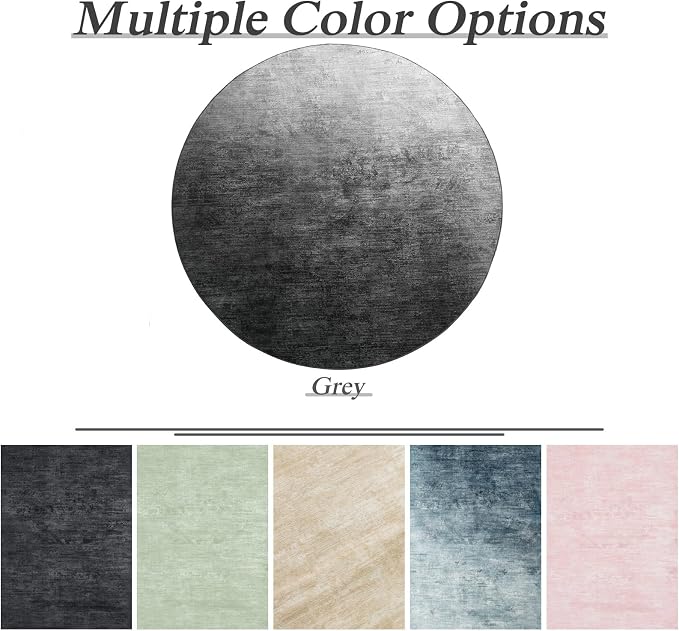 LIANLAM 8 FT Washable Rug, Gray Solid Round Rugs for Living Room & Bedroom | Stain-resistant & Non-slip backing,Low Pile Washable Large Carpet, Solid Vintage Style For High Traffic Areas(8 FT,Gray)