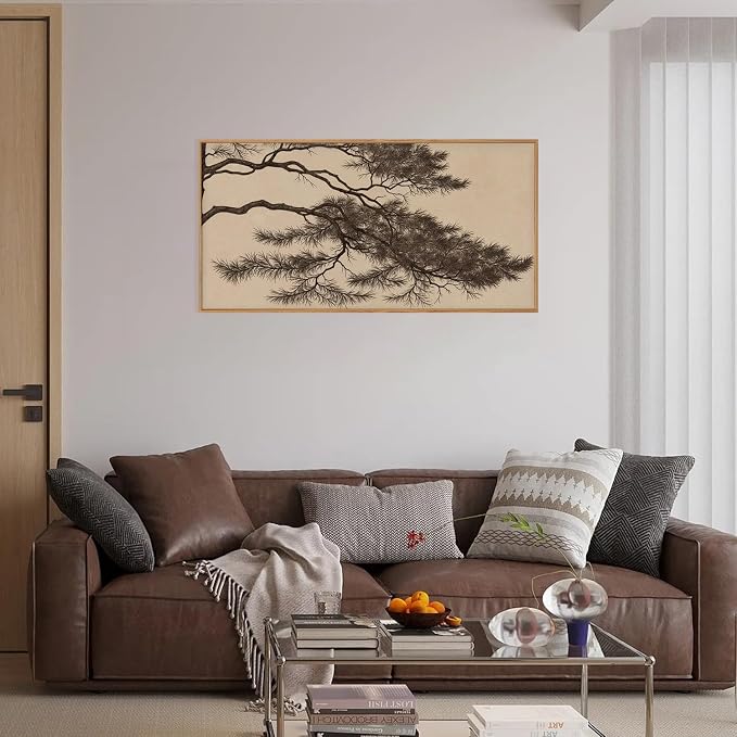 LHIUEM Large Vintage Pine Tree Branch Framed Canvas Wall Art,Sketch Botanical Wall Decor,Nature Plant Artwork,Brown Antique Etching Art Prints for Living Room,Bedroom,Ofiice-20 x40 x1