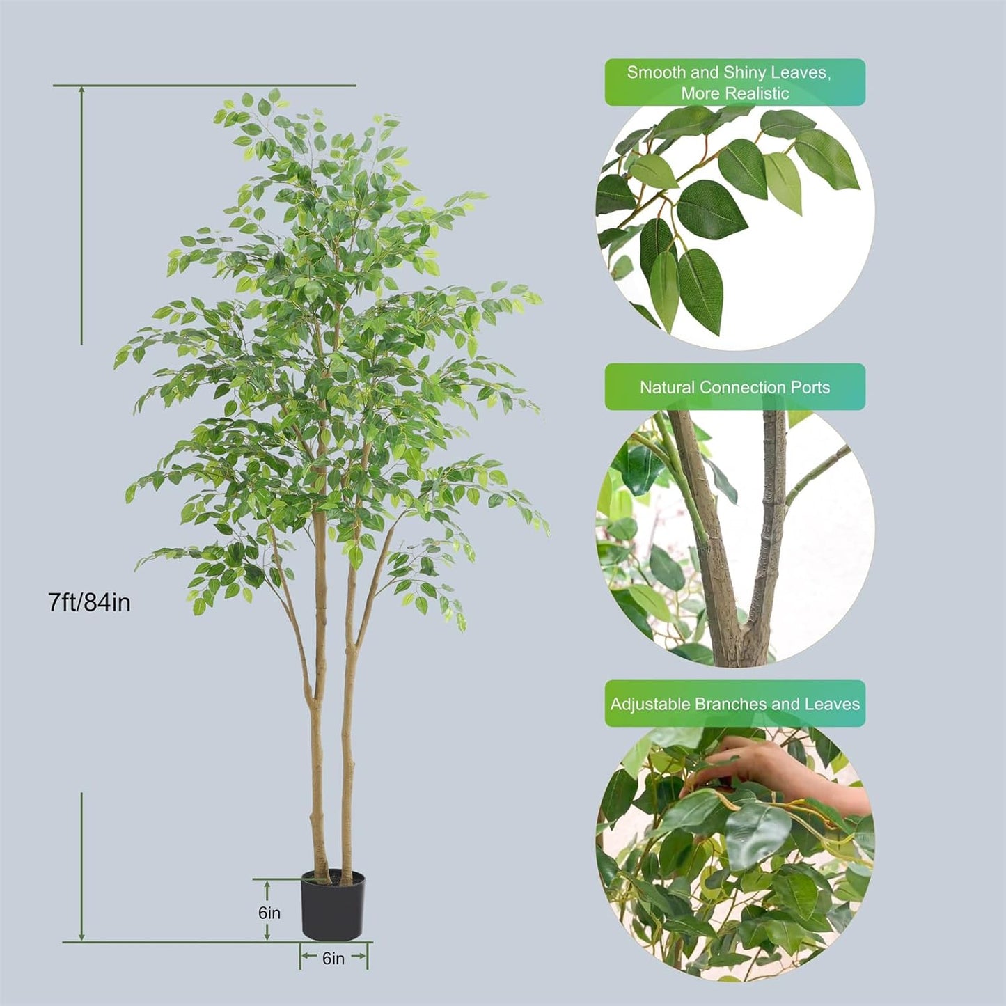 Tall UV Resistant Ficus Tree Artificial，7ft(84in) Realistic Texture Potted Faux Ficus Tree， Fake Trees Indoor Outdoor for Home Office Living Room Bedroom Foyer Porch Decor.