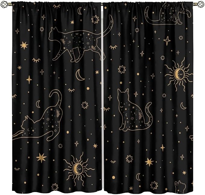 Sun Moon Cat Blackout Curtains, Golden Starry Cats Mystery Stars Sun Moon Magic Sky Window Treatment Drapes for Bedroom Living Room 63" W X 63" L