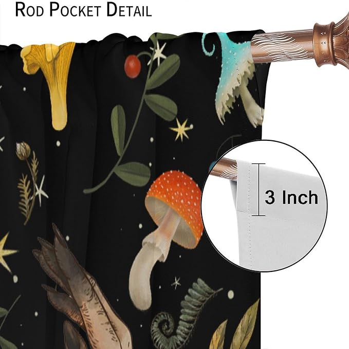 Retro Mushroom Curtains, Boho Rustic Vintage Botanical Mushroom Gothic Witch Wildflower Plant Print Blackout Window Treatments for Living Room Bedroom Kitchen 52x84in