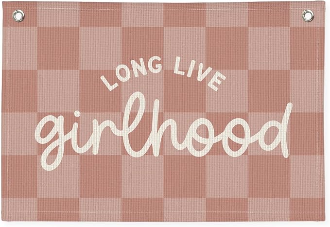 "Long Live Girlhood" Linen Canvas Wall Hanging 20x30 Inch - Pink Buffalo Check Girls Nursery & Toddler Room Decor, Banner Flag for Playroom Wall Art