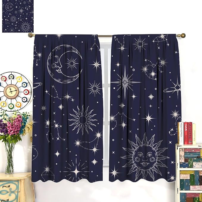 Sun Moon Blackout Curtains, Vintage Mysticism Art Modern Abstract Sun Moon Star Window Drapes, for Bedroom Living Room 42" W X 63" L