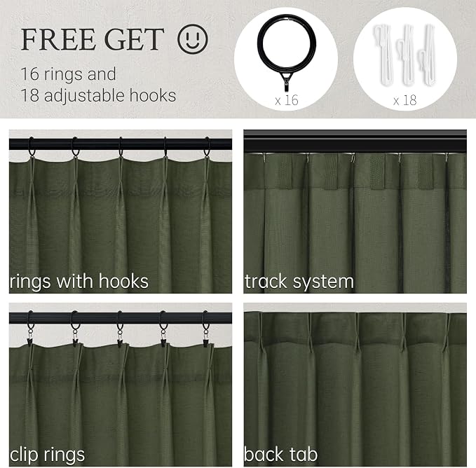 Topfinel Olive Green Pinch Pleated Curtains 108 Inch Length 1 Panels for Bedroom Living Room Textured Semi Sheer Window Curtain Boho Neutral Back Tab Pinch Pleat Drape with Hooks 108 Inches Long