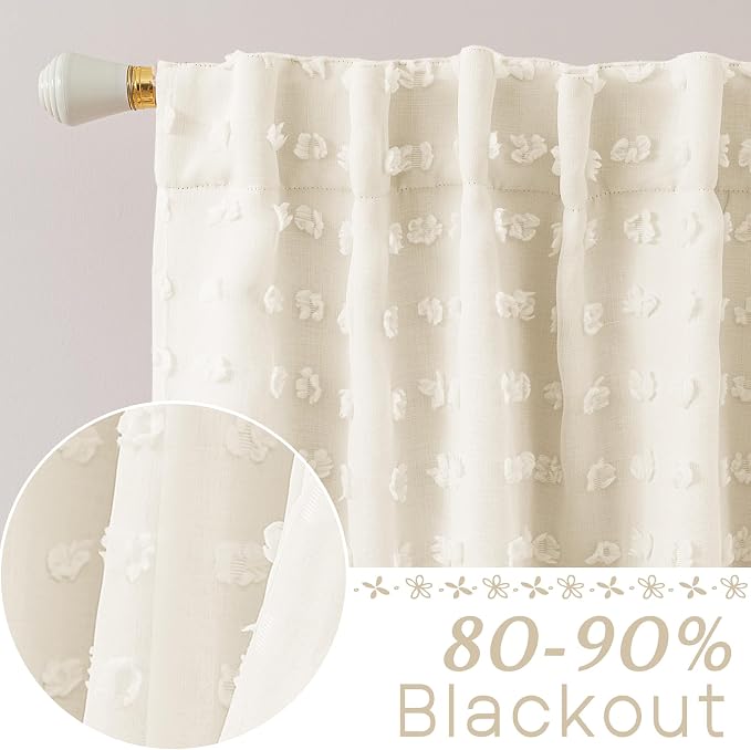 Lino Rosa Back Tab Pom Pom Cream Curtains for Girls Room Bedroom Nursery Short Blackout Curtains Double Layer 63 Inch Length