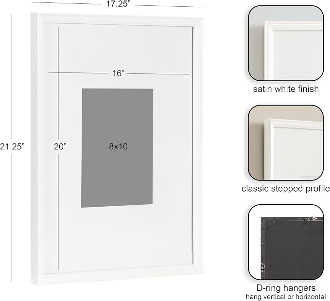 Kate and Laurel Adlynn Coastal Rectangle Picture Frame Set of 3, 16 x 20 matted to 8 x 10, White, Modern Three-Piece Photo Frame Set for Gallery Wall Decor in Living Room Wall Display
