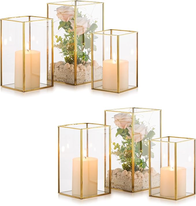 Nuptio Glass Hurricane Candle Holder Set of 6 Gold Pillar Candle Holders Large Rectangular Candleholder Table Centerpieces Decoration for Wedding Party Thanksgiving Ornaments 9.5 & 8.1 & 6.5 inch | Large Rectangular Candleholder Table Centerpieces Deco...