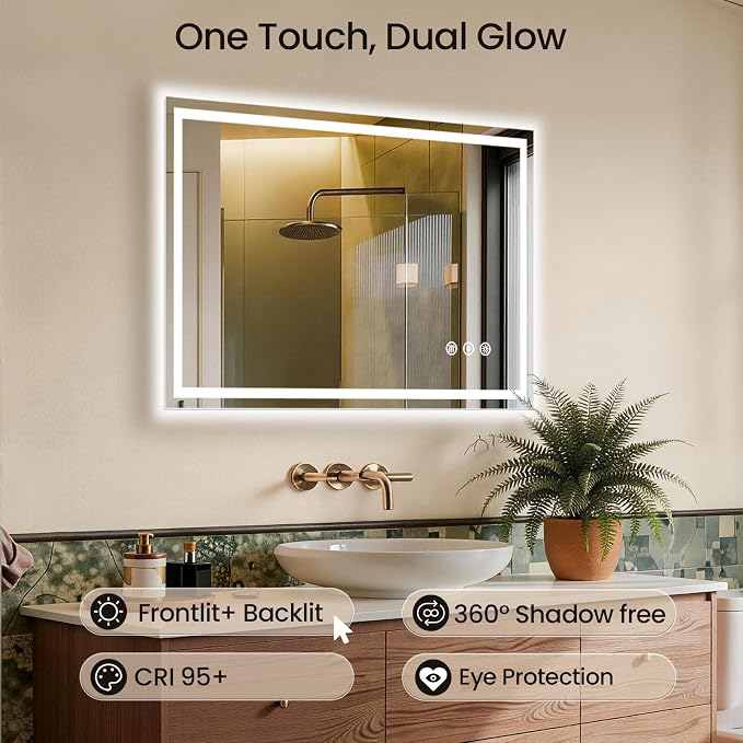 40X36 LED Bathroom Mirror with Lights, Anti-Fog, Backlit + Front Lit, Lighted Bathroom Vanity Mirror for Wall, Memory Function, Dimmable, Tempered Glass, Shatter-Proof