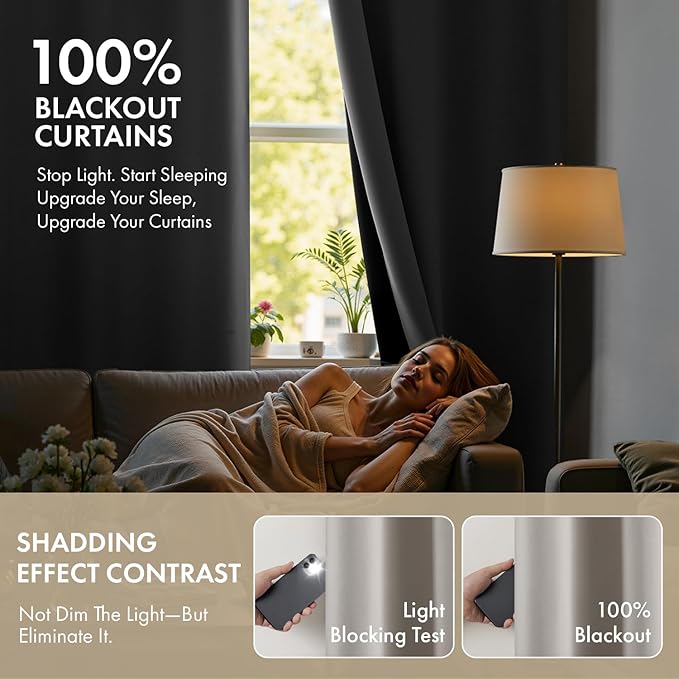 MIULEE 100% Blackout Curtains for Bedroom 54 Inch Length, 2 Thick Layers Thermal Insulated Short Window Curtains with Black Liner, Noise Reducing Grommet Kitchen Living Room Drapes 2 Panels Stone