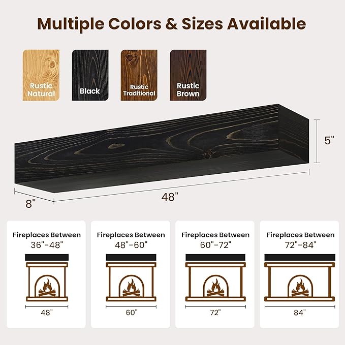 Acovy Floating Fireplace Mantel Shelves, 48x8x5 Inches Natural Wooden Floating Shelf for Over Fireplace, Wall-Mounted Mantel Shelf for Living Room and Home Decor, Black