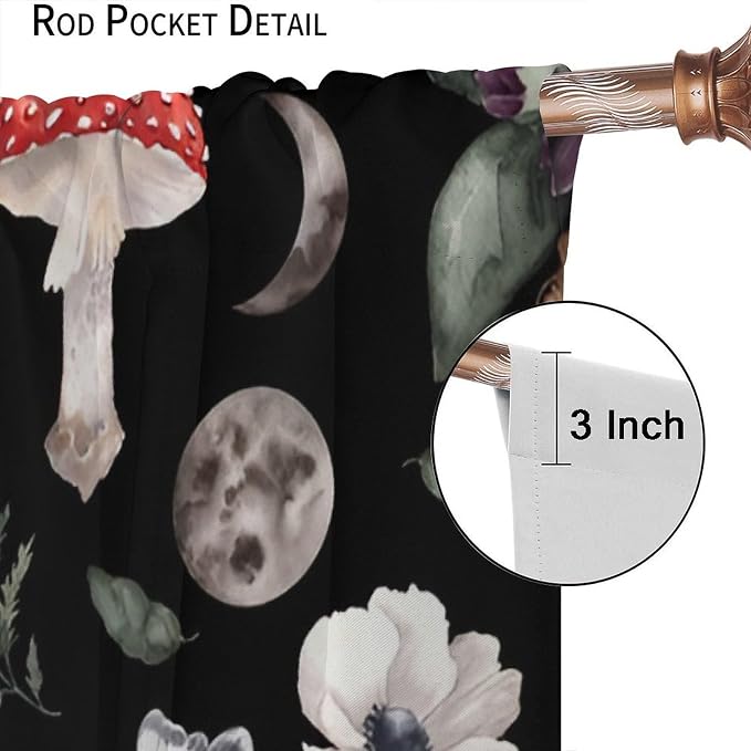 Vintage Mushroom Curtains, Gothic Dark Flowers Botanical Plants Herbs Mushroom Butterfly Moth Print Blackout Window Curtains for Kitchen Bedroom Livingroom, 72" W X 63" L