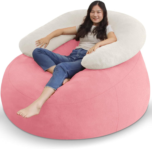 HABUTWAY Bean Bag Chair with U-Shaped Pillow for Adult and Kids Big BeanBag Chair with Filling Ultra Soft Teddy Fleece Couch Chair with Washable Cover for Living Room Bedroom Office, Beige-Light Pink