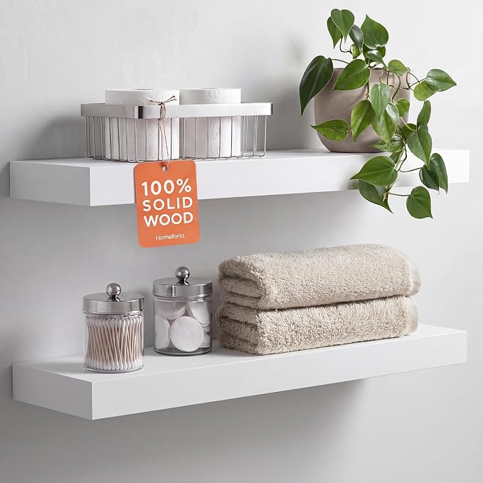 Homeforia White Floating Shelves 24 inch, High End Solid Real Wood 24inch Bathroom Floating Shelf for Wall Mounted, White Wooden 24in Floating Shelves, Heavy Duty Bracket, 24 X 6.5 X 1.75 in, Set of 2