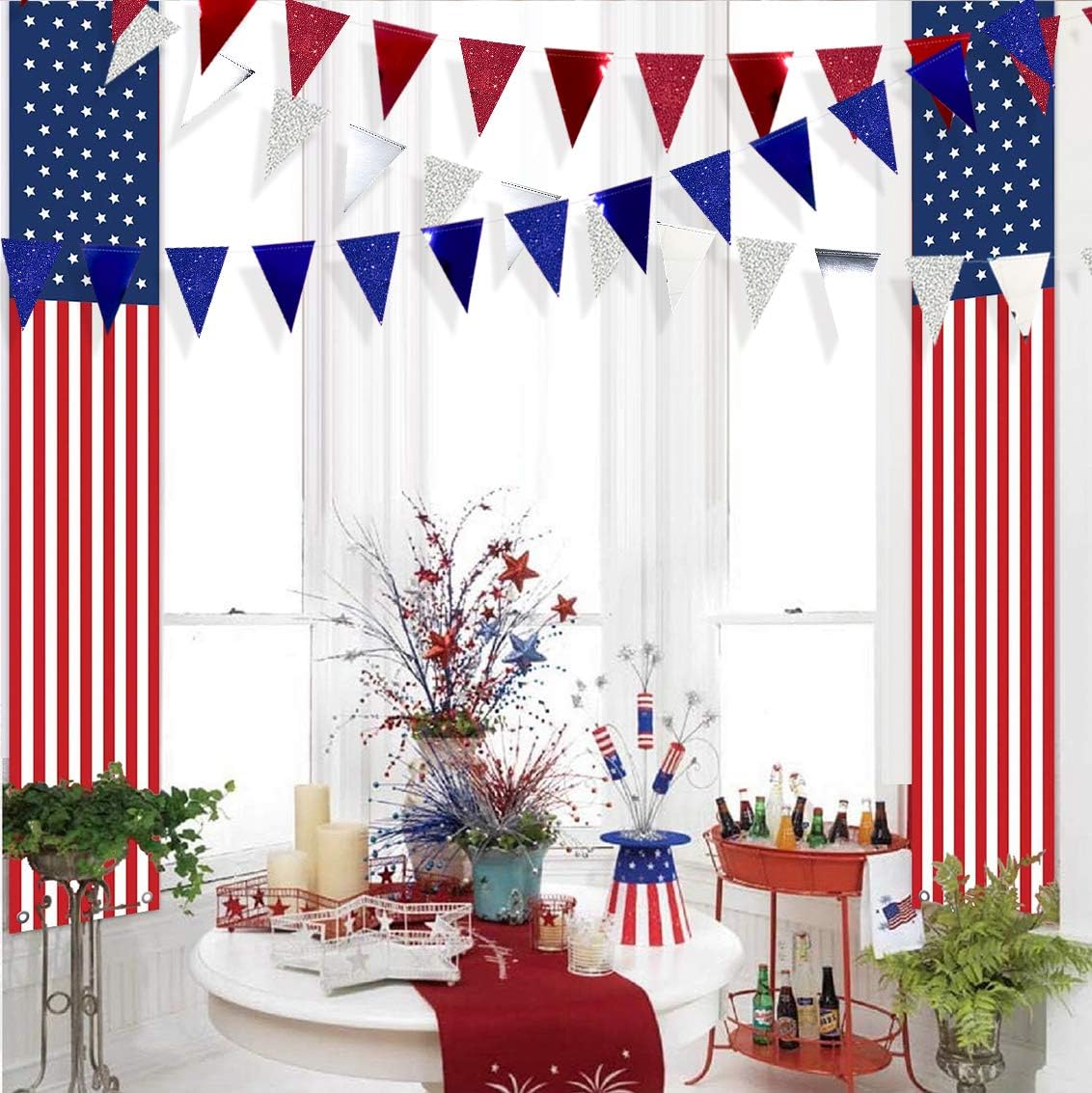 30 Ft Red Silver Blue Triangle Pennant Banner Bunting Hanging Paper Flag Garland for 4th of July American Independence Day USA National Day Patriotic Graduation Wedding Hen Party Decorations Supplies