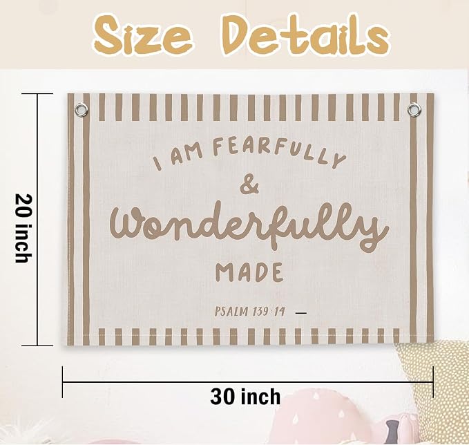 RTXLEZM Christian Nursery Decor, I Am Fearfully and Wonderfully Made Christian Canvas Banner Wall Hanging, Retro Religious Wall Art Prints for Kids Room Bedroom Playroom Classroom Decor, 20x30 Inch