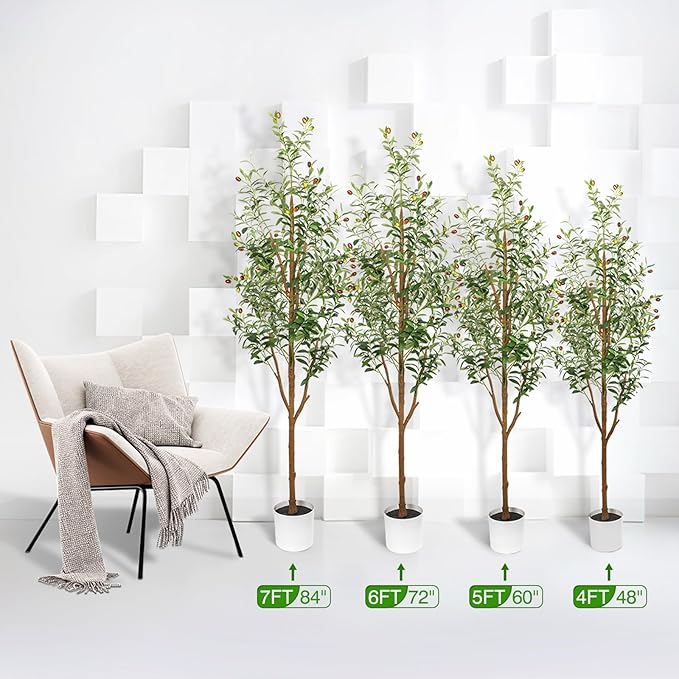 7FT Artificial Olive Tree - Indoor Tall Faux Olive Trees with Planter, Large Fake Olive Silk Tree Realistic Olive Plants with Branches and Fruits for Home Decor Office Living Room