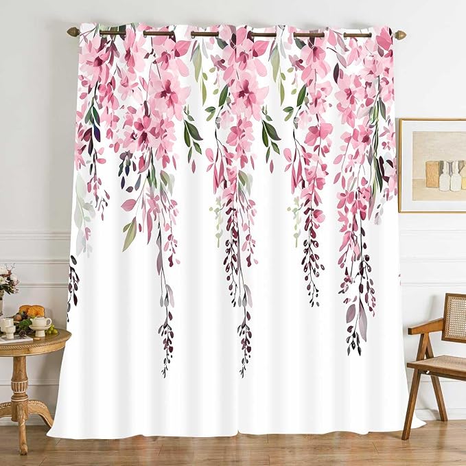 Pink Watercolor Floral Curtains, Botanical Leaves Vine Flowers Curtain, Rustic Farmhouse Flower Leaf Blackout Window Treatment Drapes for Bedroom Living Room 42x96 inch, 2 Panels