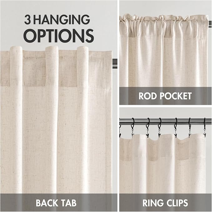 MIULEE Non-See-Through Privacy Linen Curtains 2 Panels, Light Filtering Window Curtains Farn House Textured Back Tab Semi Sheer Drapes for Bedroom Living Room, 52 x 72 Inches Long, Cream