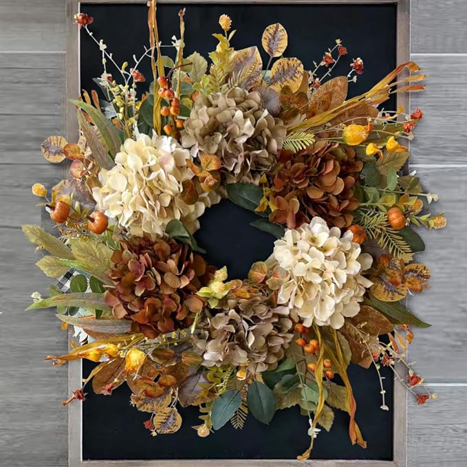 WANNA-CUL 24 Inch Fall Wreaths for Front Door with Hydrangea,Mini Pumpkins | Twig Base Rustic Autumn Wreath,Thanksgiving Farmhouse Decor, Fall Decorations For Home, Indoor Outdoor Halloween Harvest Gift