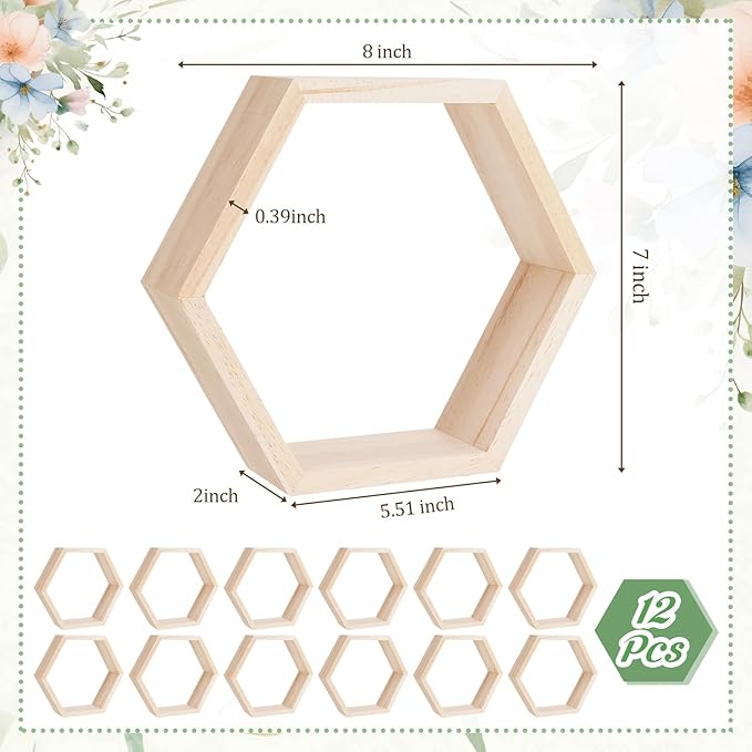 Barydat 12 Pcs 8 Inch Hexagon Shelves Wedding Table Decorations Hexagon Wood Centerpiece Geometric Terrarium Decorative Honeycomb Floating Storage Shelf for Home Office Room (Wood Color)