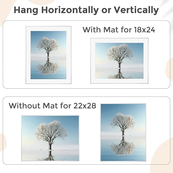 FLYJOE 22x28 Metal Picture Frame For Wall With Mat For 18x24, 22''x28'' Aluminum Photo Frames With Tempered Glass, Minimalist Modern Poster Frame Horizontal And Vertical Formats, Silver