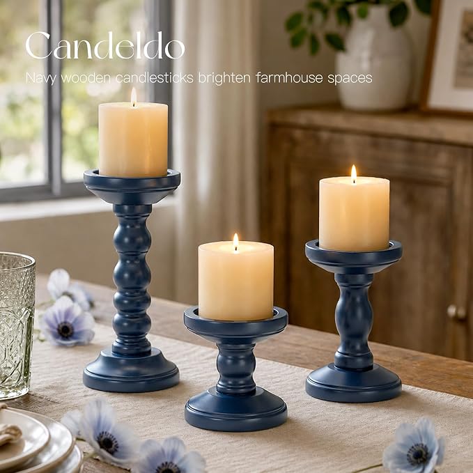 Candeldo Wooden Candle Holders Pillar: Navy Blue Candlestick Holders Table Centerpiece Blue Kitchen Decor Rustic Farmhouse Coastal Decorations for Fireplace Mantle
