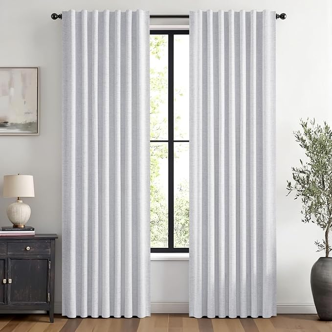 MIULEE 100% Blackout Linen Curtains for Bedroom, Grayish White Solid Luxury Decor Thermal Insulation Room Darkening Drapes for Living Room Back Tab Rod Pocket 42 x 72 Inches, 2 Panels