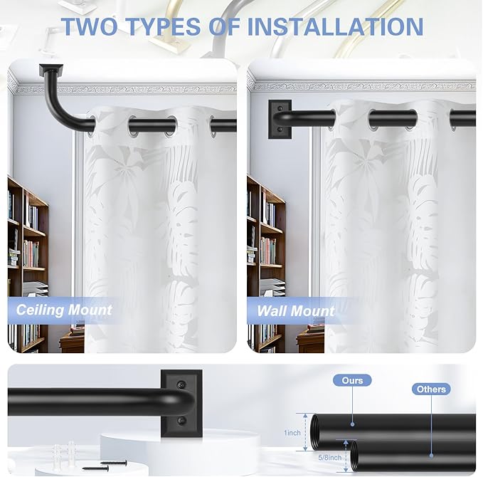 TANGWIN Black Wrap Around Curtain Rods 2 Pack:Blackout Heavy Duty Adjustable Window Curtain Rod for Bedroom Kitchen,Modern Decorative Curved French Metal Drapery Rods Easy Install,Matte Black 48-90"
