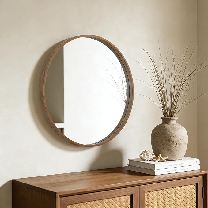 WallBeyond Wood Round Mirror with Wood Frame 24 inch Circle Wall Mirror for Bathroom Round Wall Mirror for Wall Decor, Vanity, Entryway Living Room (Walnut)