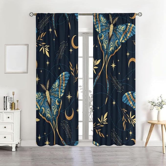 Witchy Curtains, Goth Curtains, Moth Decor, Star Curtains, Moth Curtains Darkening Curtains Botanical Curtains for Bedroom Living Room W84xL84 Inch