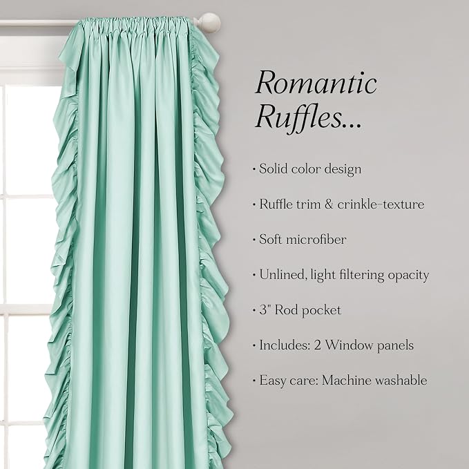 Lush Decor Reyna Ruffle Window Curtain Panel Set, Pair, 54" W x 84" L, Light Blue - Flowy Curtain - Romantic Ruffle Curtains for Bedroom, Living room, or Dining Room - Farmhouse & Cottage Home Decor