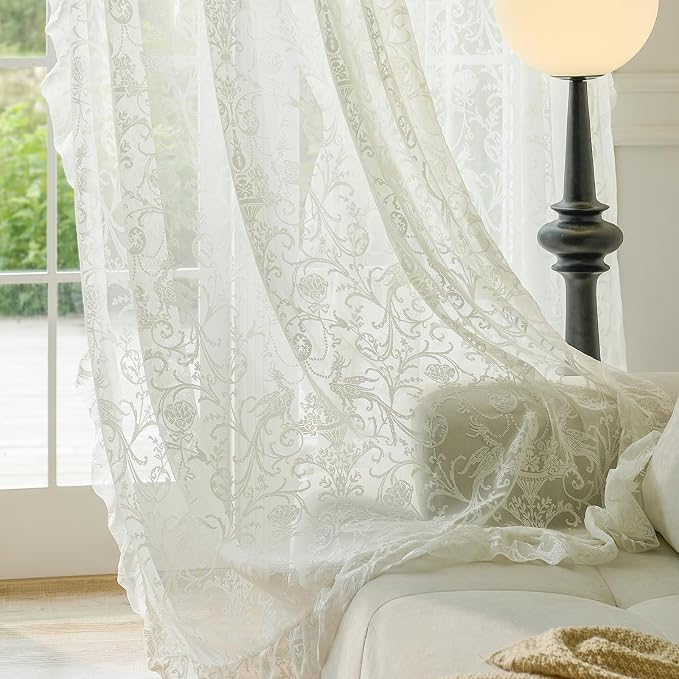 TUDECO Short Lace Curtains 63 Inch Length - Cottagecore Embroidered Sheer Ruffle Floral Drapes for Bedroom Nersury Vintage Rod Pocket Cream Lace Curtains 2 Panels, 59 x 63 Inch, Ivory