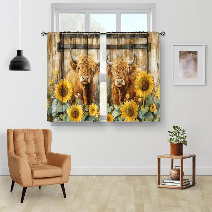 Aimego Highland Cow Barn Door Kitchen Curtains - Rustic Farmhouse Country Short Cafe Curtains Decor for Tier Curtains Over Sink Sunflower Rod Pocket Window Drapes 24 Inch Length 2 Panels Set, 28"x24"