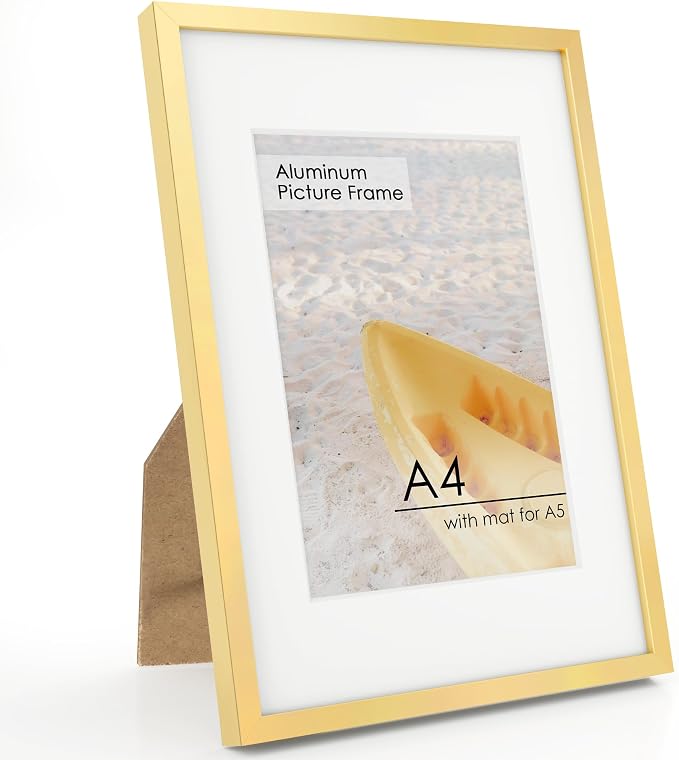 FLYJOE A4 Picture Frame Gold - High-End Metal 8.3 x 11.7 Aluminum Frame For Wall, Photo Frame With Mat For A5, 8.25 x 11.75 Poster Frame, Certificate Frame With Glass, Wall Kit