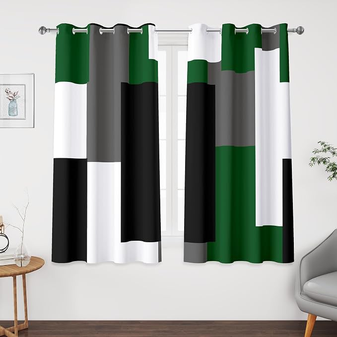 Tyrot Green 100% Blackout Curtains 45 inch Length 2 Panels Set White Grey Modern Abstract Geometric Drapes for Kitchen Black Out Curtains Insulated Room Darkening Small Window Curtains, 52Wx45L