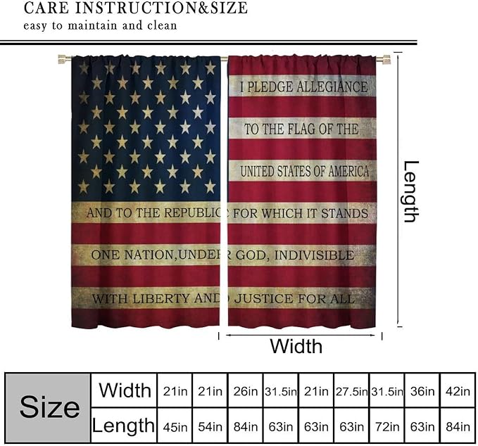 American Flag Blackout Curtain,Retro Patriotic Independence Day Home Decor Drapes for Bedroom Living Room Kitchen Window Treatment 2 Panels Set Total Size 63" W X 63" L Inch