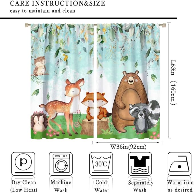 YCness Kid Forest Animal Curtains, Woodland Animal Fox Elk Bear Watercolor Print Curtains for Nursery Bedroom Living Room, Rustic Safari Wild Animal Blackout Window Drapes 2 Panel Set,72x63 Inch