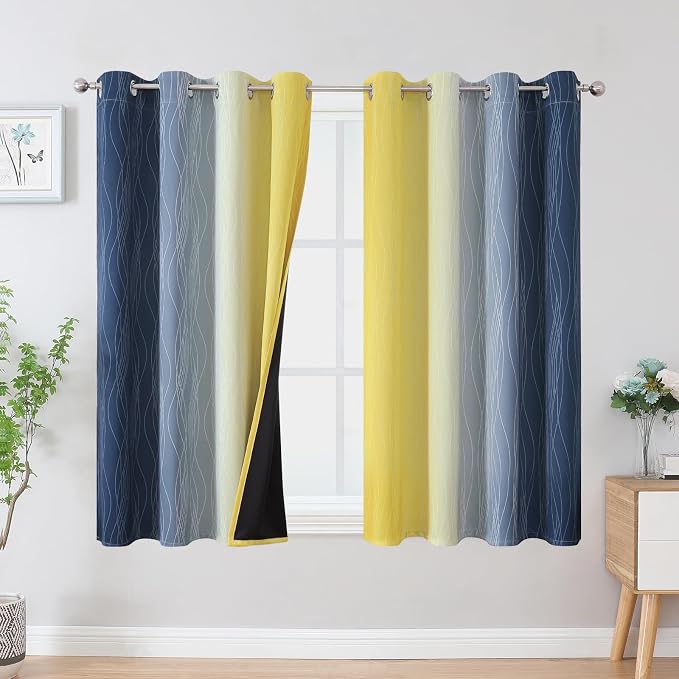 Estelar Textiler Navy Blue and Yellow Blackout Curtains 45 Inch Length, Full Light Blocking Gradient Drapes for Bedroom, Thermal Insulated Grommet Ombre Curtains for Bathroom,52Wx45L,2 Panels