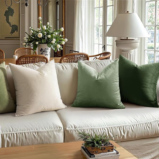 MIULEE Velvet Throw Pillow Covers 18x18 Inch, Pack of 2 - Moss Green, Soft Solid Decorative Pillow Covers Square Cushion Cases Farmhouse Modern Home Decor for Spring Couch Sofa Bedroom Living Room