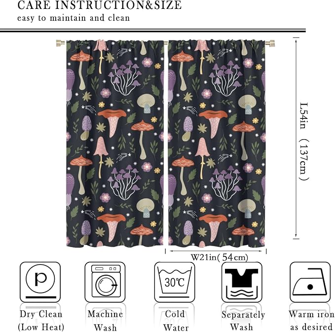 Mushroom Curtains,Colorful Plant Forest Botanical Print Window Treatments for Bedroom Living Room Kitchen Cartoon Herbs Floral Window Drapes 2 Panels Set,Total Size 42 x 54 Inch