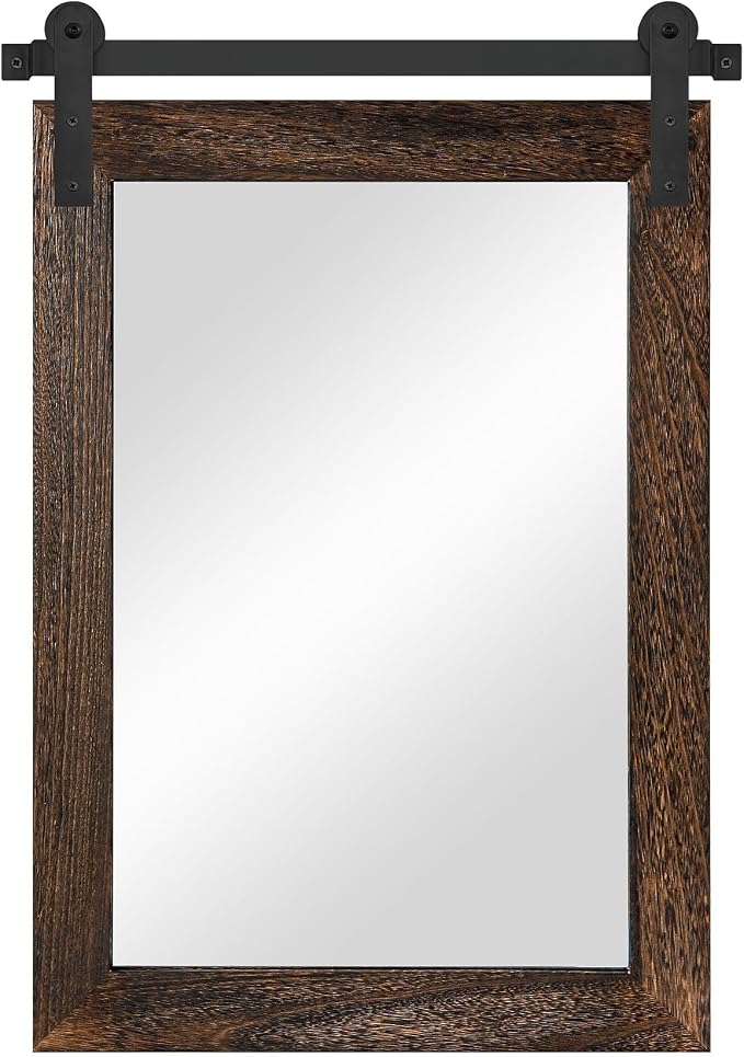 COGOOD Farmhouse Barn Door Mirror - 22" x 30" Rustic Wood Framed Wall Mirror for Bathroom, Living Room, Entryway Wall Decor (Black Brown)